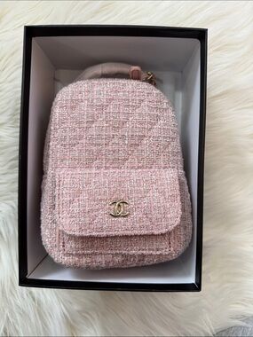 LAST ONE Pink Tweed Mini Backpack with Gold Logo Accent